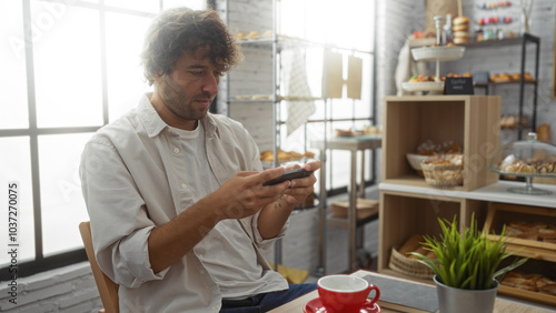 Young man using smartphone in a cozy bakery interior, surrounded by shelves of bread and pastries.