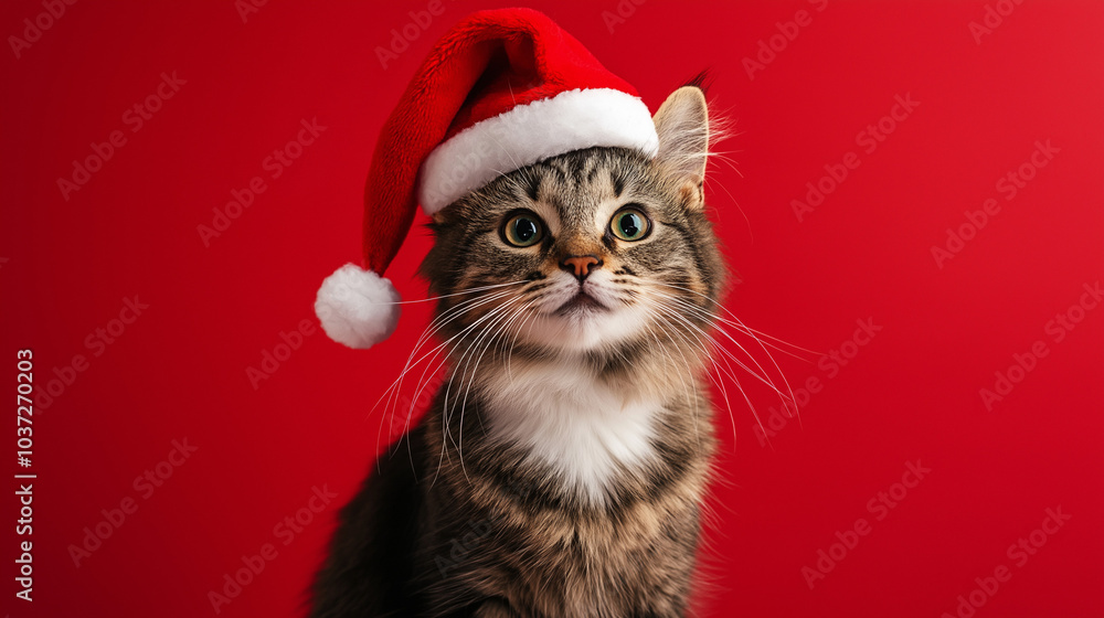 cat wearing santa claus hat isolated on red background , Preparation for holiday. Happy Merry Christmas concept cat wearing santa claus hat isolated on red background , Preparation for holiday. Happy Merry Christmas concept