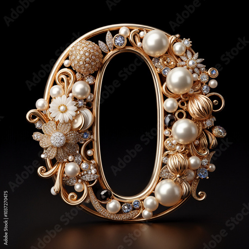 O. The letter of the Latin alphabet in the form of a luxurious openwork jewelry made of gold, decorated with precious stones, diamonds and pearls. On a black background.
