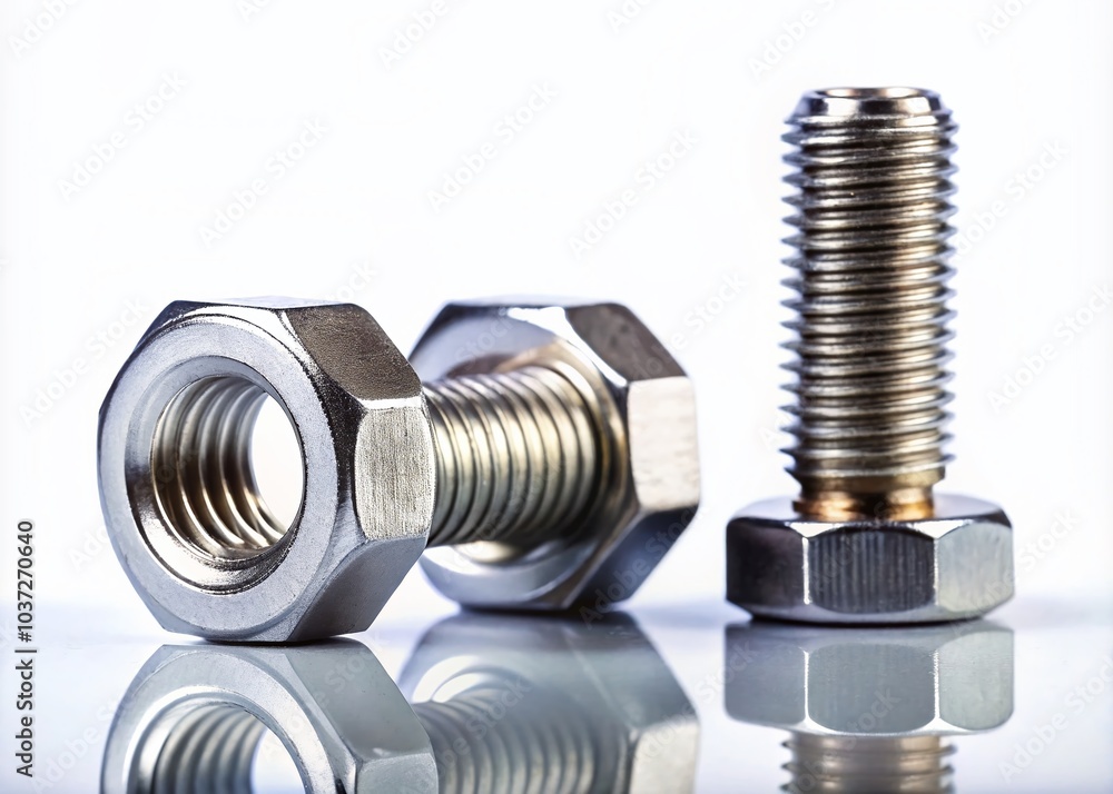 Isolated Bolt and Nuts on White Background for Industrial and Mechanical Use in High-Resolution Stock Photography