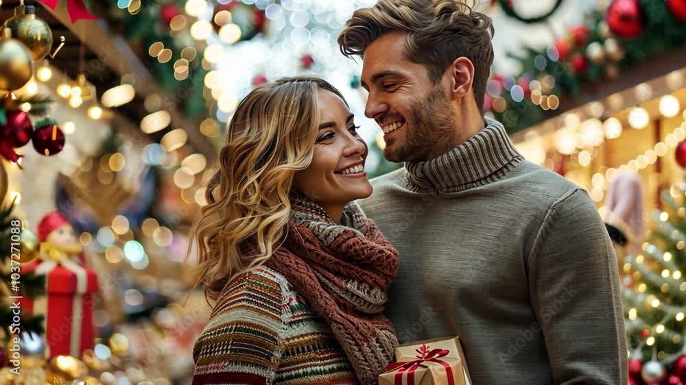 A joyful couple embraces each other, smiling warmly as they hold a wrapped gift amidst a beautifully decorated holiday market filled with sparkling lights. A joyful couple embraces each other, smiling warmly as they hold a wrapped gift amidst a beautifully decorated holiday market filled with sparkling lights.