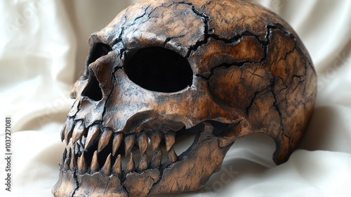 A detailed skull sculpture with a cracked surface texture.