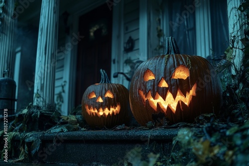 Halloween pumpkins with carved faces on the porch of an old house at night, featuring a Jack-o'-lantern with sharp teeth and greenery. Cinematic atmosphere.