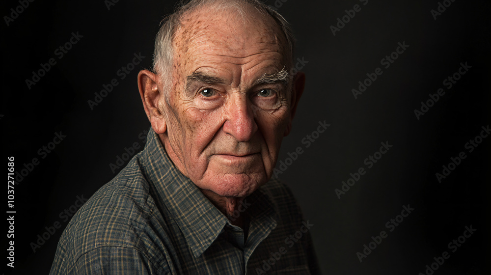 A professional studio portrait of an older man with a serious expression and wrinkles showing his life experience. A professional studio portrait of an older man with a serious expression and wrinkles showing his life experience.