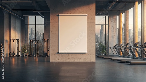 Modern gym interior with empty white poster on wall, equipment and city view