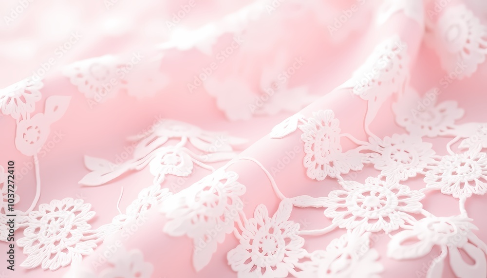 Delicate lace fabric in soft pink with floral patterns and textures on a blurred background with copy space Delicate lace fabric in soft pink with floral patterns and textures on a blurred background with copy space