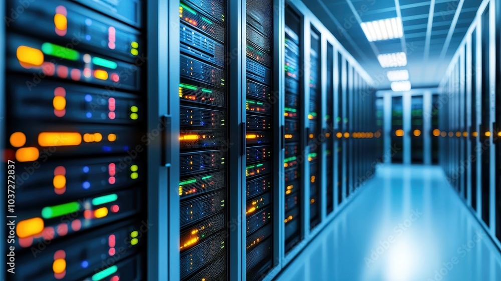 Data center with illuminated server racks and cables, high-tech environment. Data center with illuminated server racks and cables, high-tech environment.