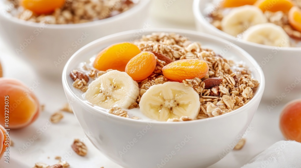 A bowl of granola with milk, bananas, and dried apricots. A bowl of granola with milk, bananas, and dried apricots.