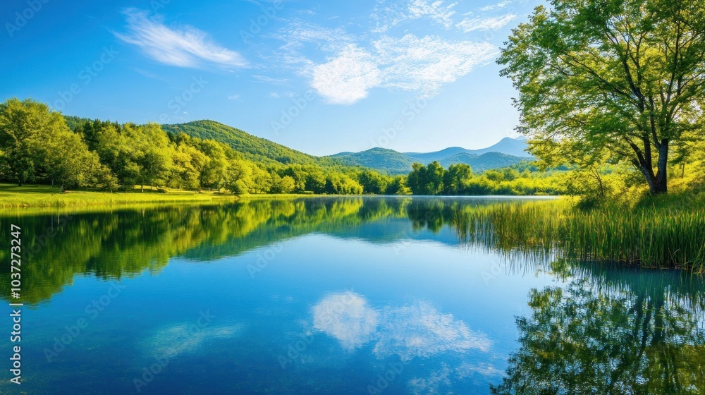 Serene lake surrounded by lush green mountains under a clear blue sky. Serene lake surrounded by lush green mountains under a clear blue sky.