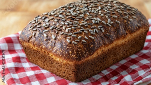 Freshly baked whole grain bread topped with sunflower seeds on a checkered cloth