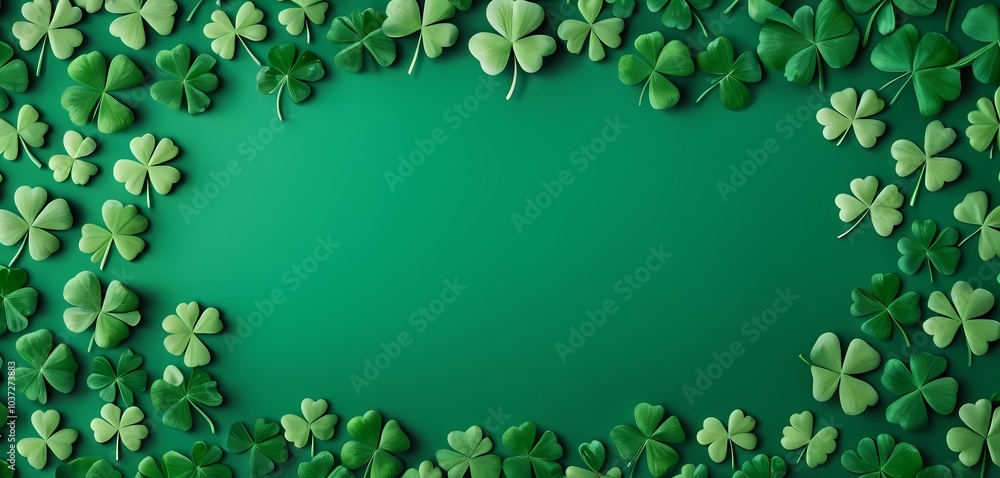 Lush green clovers arranged on a vibrant green background, ideal for St. Patrick's Day and celebrations Lush green clovers arranged on a vibrant green background, ideal for St. Patrick's Day and celebrations