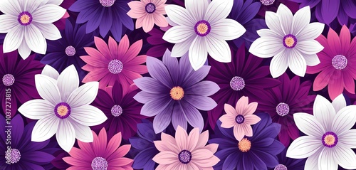 Vibrant floral pattern showcasing various flowers in purple and pink tones against a dark background