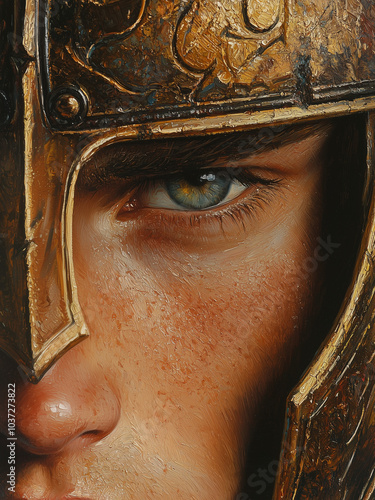 Achilles Up Close - armor, warrior, helmet, face, eye, portrait, historical, battle, strength, fierce, gladiator, metal, close-up, medieval, masculine, emotion