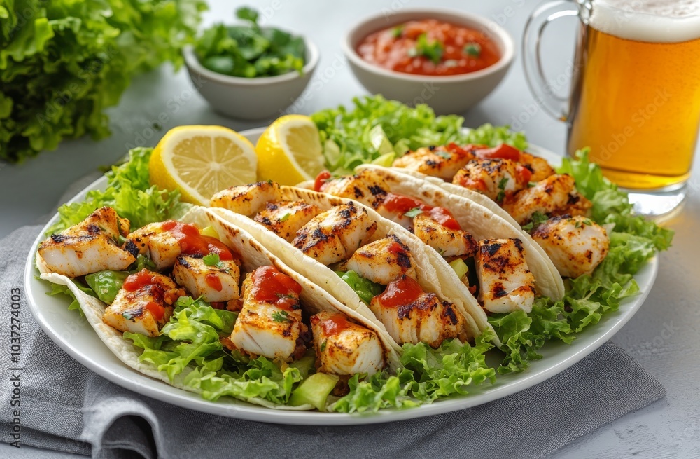 Delicious shrimp tacos served with fresh lettuce, lemon, and a side of beer in a cozy setting Delicious shrimp tacos served with fresh lettuce, lemon, and a side of beer in a cozy setting