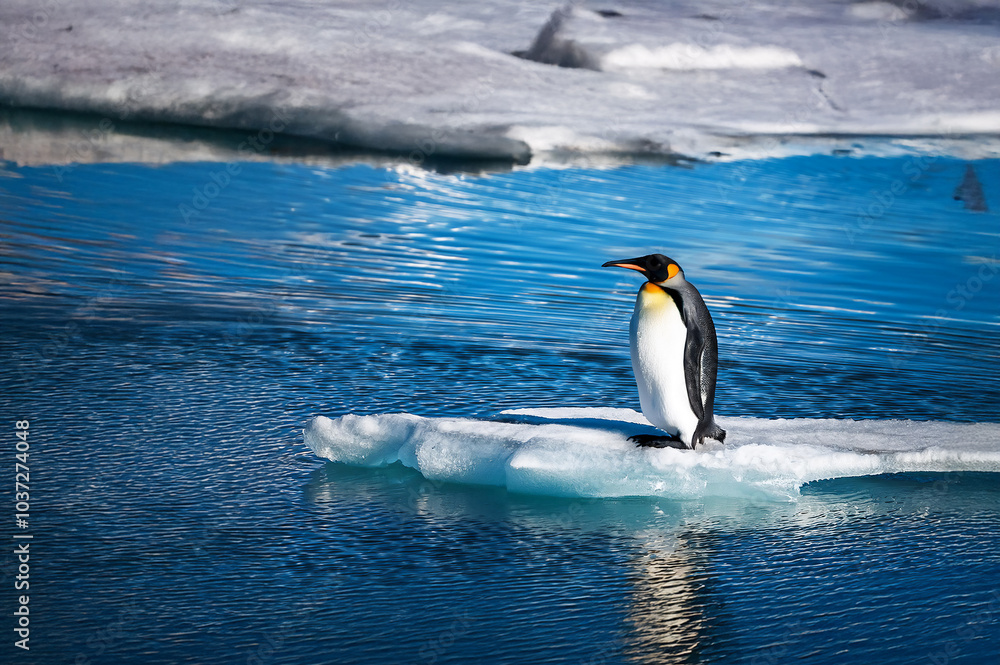 Ein Königspinguin auf einer Eisscholle