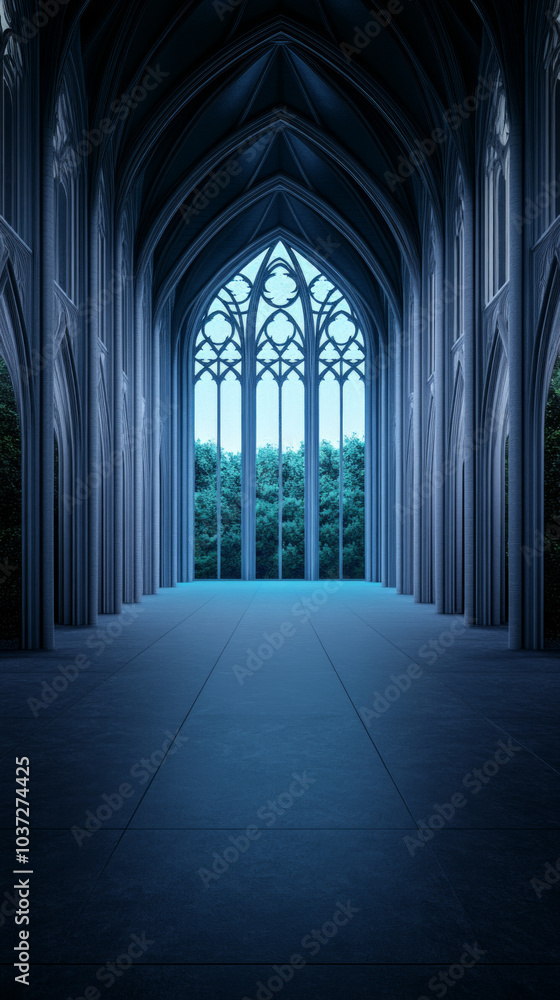 A long, empty hallway with a large arched window at the end, letting in light from a forest outside. A long, empty hallway with a large arched window at the end, letting in light from a forest outside.