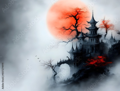 Haunting Spires of the Mystical Haunted Manor under Moody Moonlight   An impressionistic supernatural landscape of a grand gothic manor with ornate spires and gargoyles silhouetted against a gloomy photo