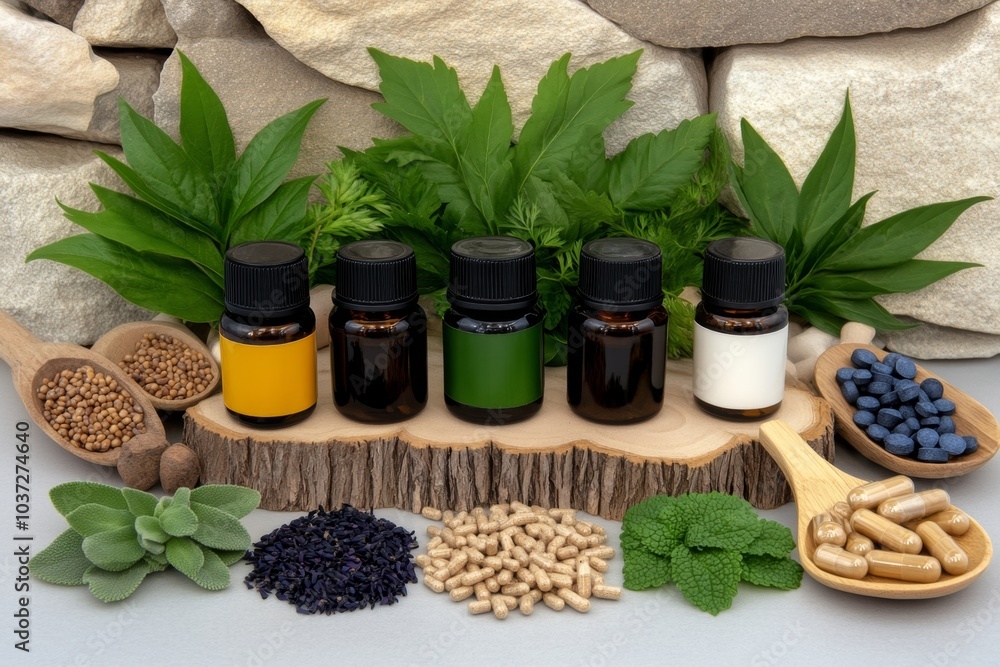 Herbs, depicted as a blend of fresh leaves, roots, and flowers, arranged alongside herbal supplements and oils in a natural environment Herbs, depicted as a blend of fresh leaves, roots, and flowers, arranged alongside herbal supplements and oils in a natural environment