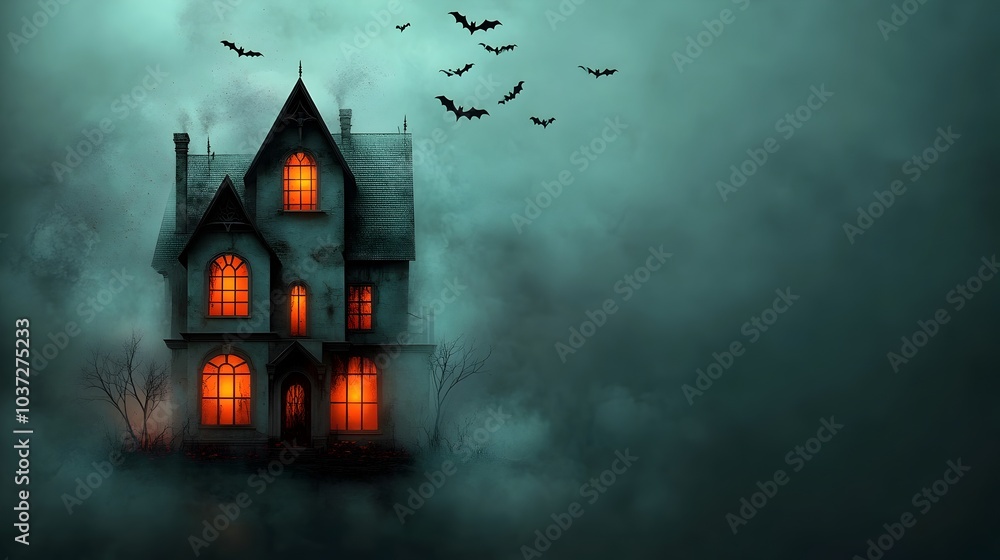 Haunted Gothic Mansion with Glowing Windows and Bats in the Night Sky Moody and Atmospheric Dark Romantic Eerie Scene An old historic mansion with gothic architecture and a foreboding Haunted Gothic Mansion with Glowing Windows and Bats in the Night Sky Moody and Atmospheric Dark Romantic Eerie Scene An old historic mansion with gothic architecture and a foreboding