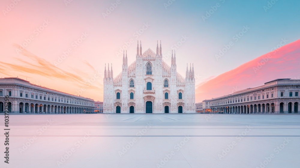 Fototapeta premium A stunning view of a large white cathedral bathed in the soft light of dawn.