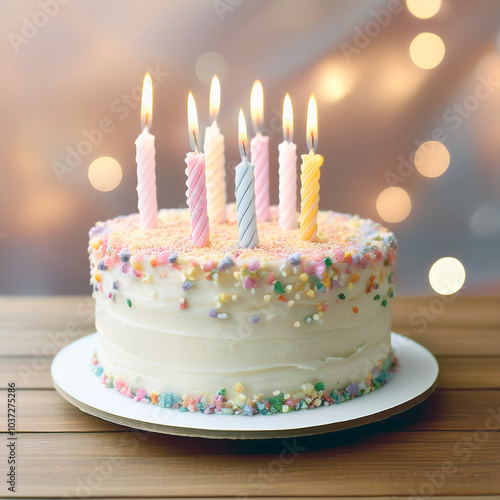 A delightful pastel birthday cake, adorned with colorful sprinkles and shimmering candles, sits on a wooden table against a bokeh background. Celebrate joy and sweetness!