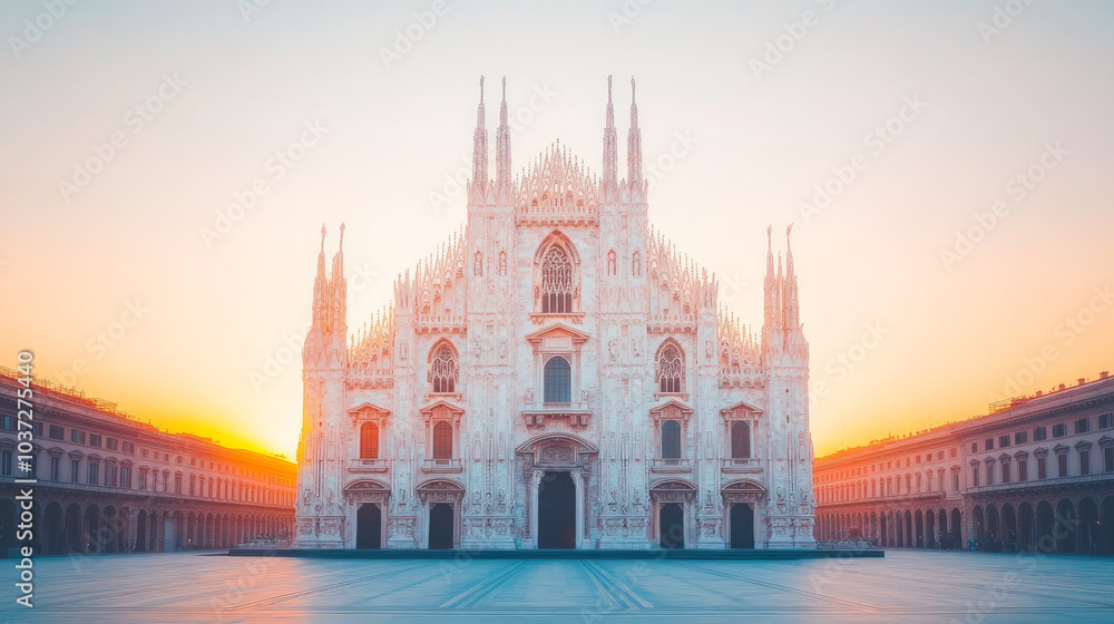 Fototapeta premium A majestic cathedral bathed in the soft glow of sunrise.