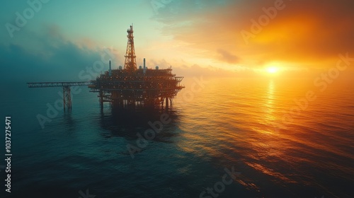 Oil rig silhouetted against a vibrant sunset over the ocean.