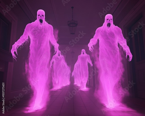 Ethereal pink ghosts haunting a dimly lit corridor. photo