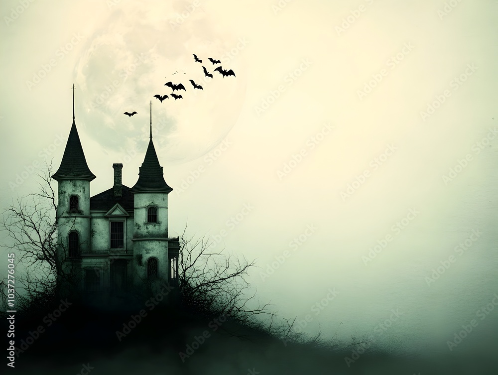 Fototapeta premium Haunting Victorian Mansion Shrouded in Ominous Shadows Under a Full Moon Twisted Turrets and Towers Flock of Bats Silhouetted Against the Nightsky Cobwebs Clinging to the Decaying Exterior