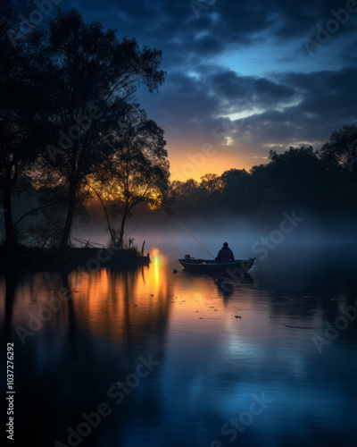 Lake fishing - A fisherman is boating on a lake in the woods