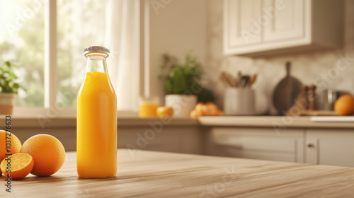 Fresh orange juice in glass bottle stands on wooden kitchen table, surrounded by vibrant oranges. warm, inviting kitchen setting enhances refreshing feel of scene