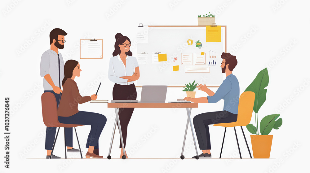 A lively illustration of people working together in an office and a cafe setting, showcasing teamwork and collaboration in a business environment A lively illustration of people working together in an office and a cafe setting, showcasing teamwork and collaboration in a business environment