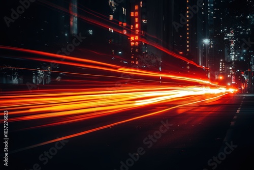 Dark blurred photo with long exposure, night city lights, orange light streaks