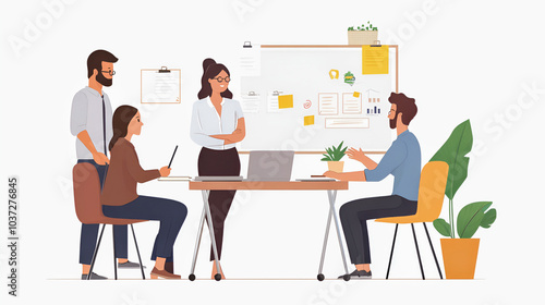 A lively illustration of people working together in an office and a cafe setting, showcasing teamwork and collaboration in a business environment