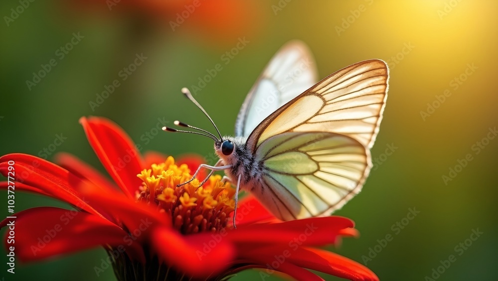 Vibrant butterfly on red flower wings wide Vibrant butterfly on red flower wings wide