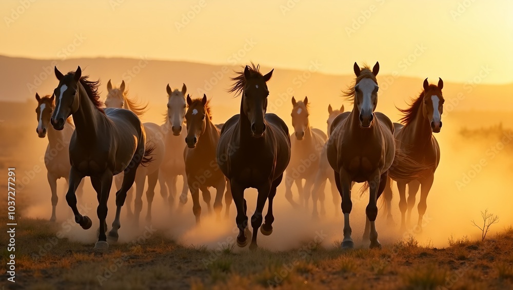 Fototapeta premium Majestic wild horses running in a field at sunset kicking up dust