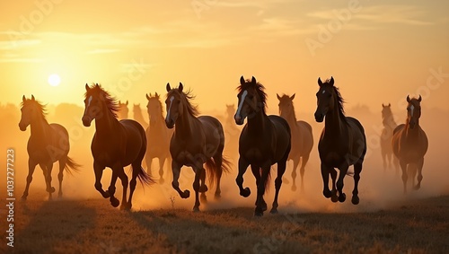 Majestic wild horses running in a field at sunset kicking up dust