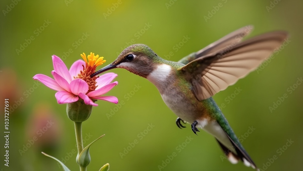 Vibrant hummingbird in mid flight next to flower wings a blur Vibrant hummingbird in mid flight next to flower wings a blur