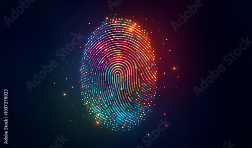 A vibrant, colorful fingerprint made of glowing dots or particles, set against a dark background with circuit board patterns