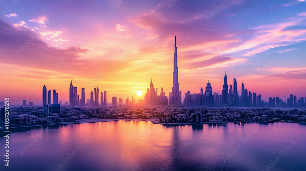 Obraz premium A serene sunset over a city skyline reflected in the river, showcasing urban architecture and skyscrapers against a colorful sky, capturing the beauty of the landscape and travel vibes