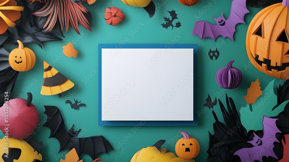 Blank mockup template of an invitation card surrounded by colorful paper cut style Halloween decorations and spooky accents. Blank mockup template of an invitation card surrounded by colorful paper cut style Halloween decorations and spooky accents.