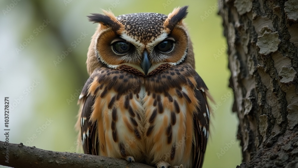 Sleepy owl blends into tree branch large eyes half closed Sleepy owl blends into tree branch large eyes half closed