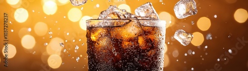 Refreshing cola drink with ice cubes splashing in a glass against a warm, bokeh background.