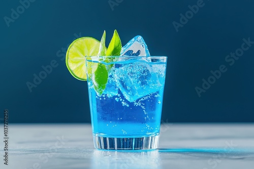 Refreshing blue cocktail with lime and mint in a glass, served with ice on a sleek surface. photo