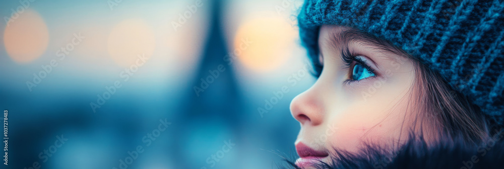 Young girl in a knit hat looks up at the lights. Young girl in a knit hat looks up at the lights.