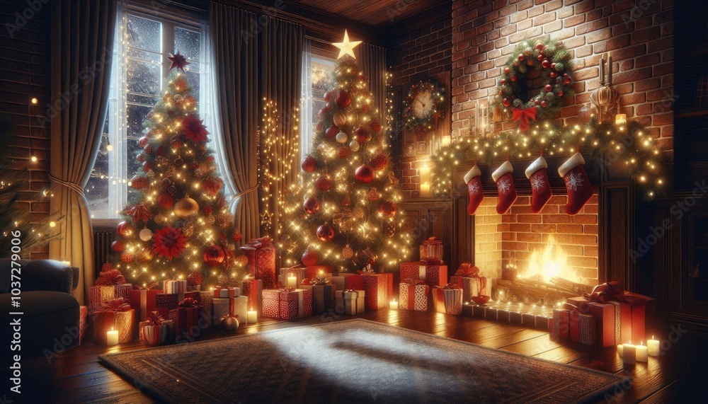 Fototapeta premium Cozy Christmas Living Room: Festive Tree with Red Ornaments, Glowing Fireplace with Stockings, Wrapped Gifts, and Warm Candlelight Creating a Magical Holiday Atmosphere Indoors