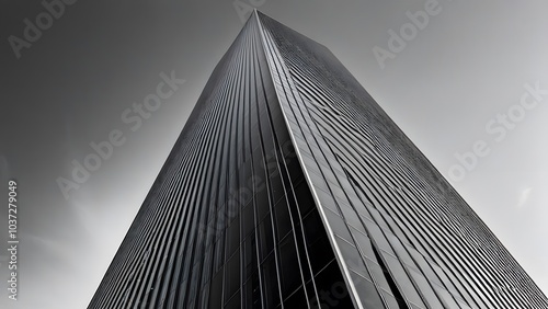 A minimalist black and white architectural photography of a modern skyscraper, with clean lines and sharp geometric angles creating a striking contrast