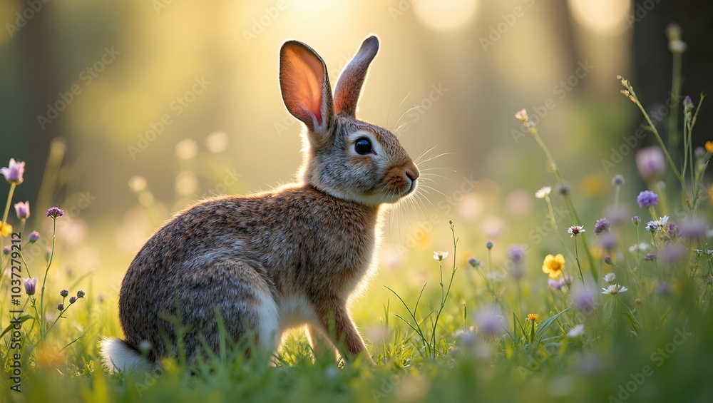 Fototapeta premium Tranquil scene of rabbit on grass in meadow with blooming wildflowers and singing birds