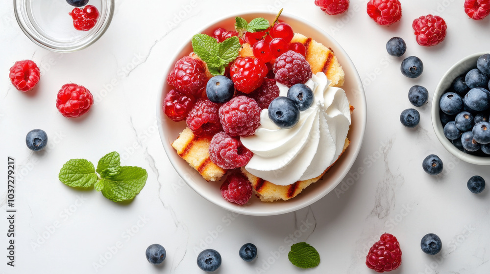 Delicious dessert featuring variety of fresh berries, including raspberries and blueberries, topped with whipped cream and mint leaves, creating vibrant and inviting presentation Delicious dessert featuring variety of fresh berries, including raspberries and blueberries, topped with whipped cream and mint leaves, creating vibrant and inviting presentation