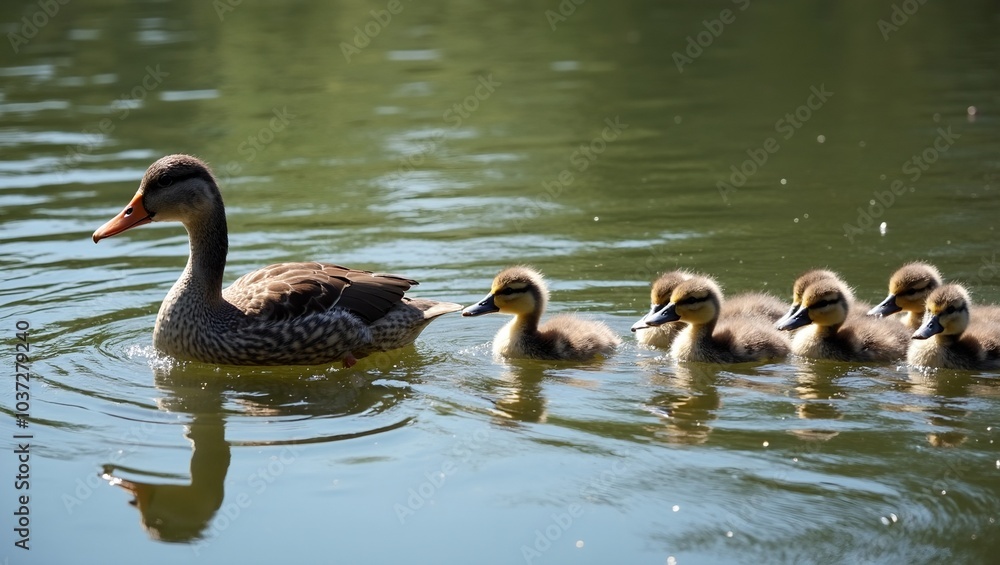 Mother duck leading ducklings in perfect line across calm pond Mother duck leading ducklings in perfect line across calm pond